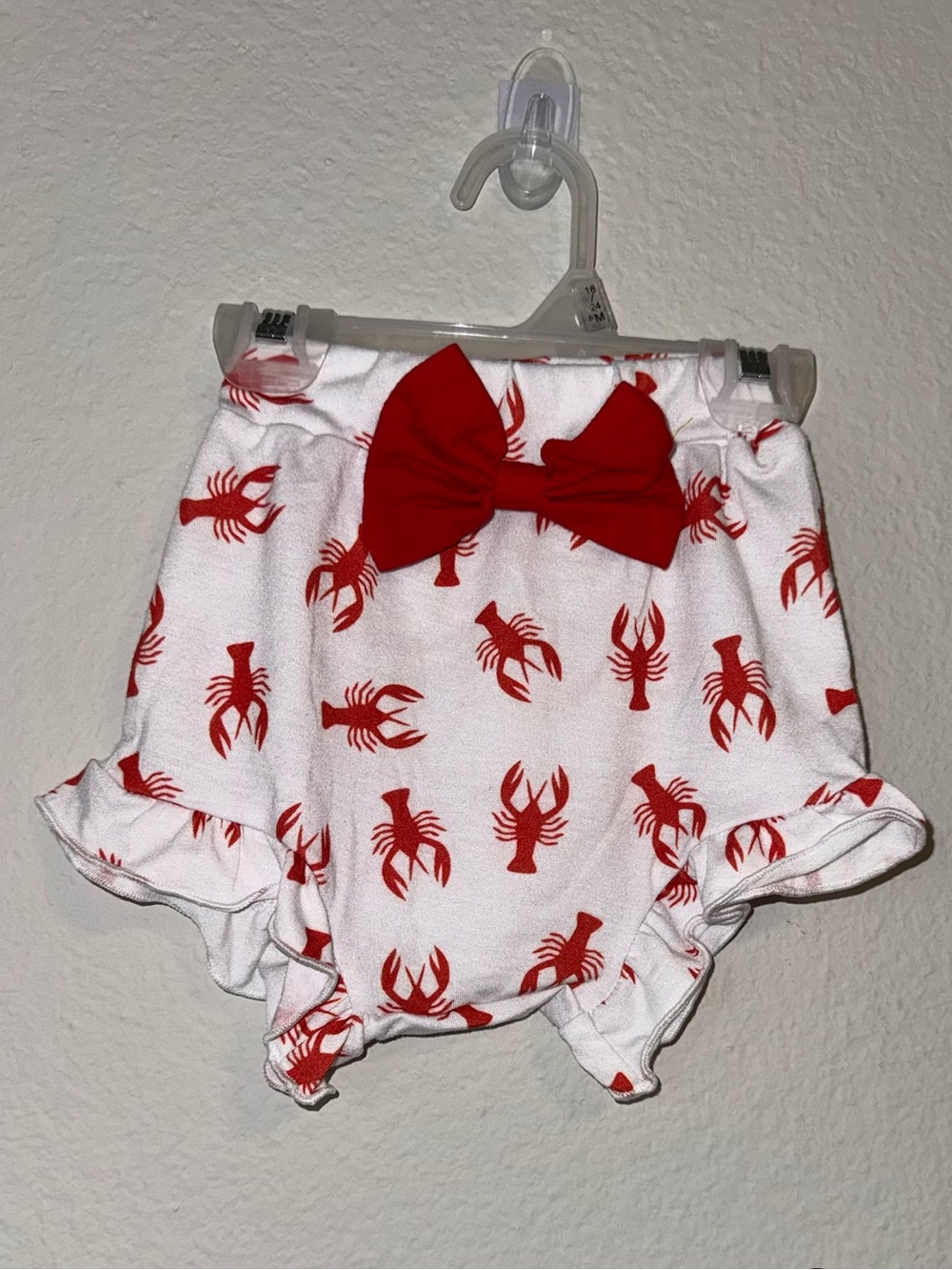 White & Red Lobster Print Baby Bloomers with Red Bow